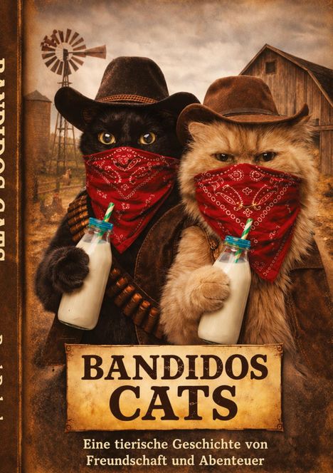 Titel: Bandidos Cats. Zwei Katzen im Cowboy-Outfit mit roten Bandanas, Halfter und Milchflaschen, vor einer ländlichen Kulisse.