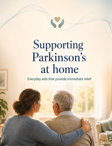 "Supporting Parkinson’s at home. Everyday aids that provide immediate relief." Eine Frau hält einen älteren Mann umarmt.