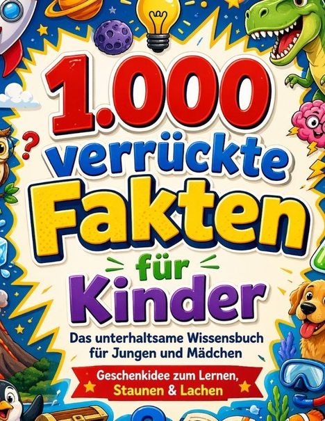 "1.000 verrückte Fakten für Kinder. Das unterhaltsame Wissensbuch für Jungen und Mädchen." Bunte, verspielte Illustrationen.