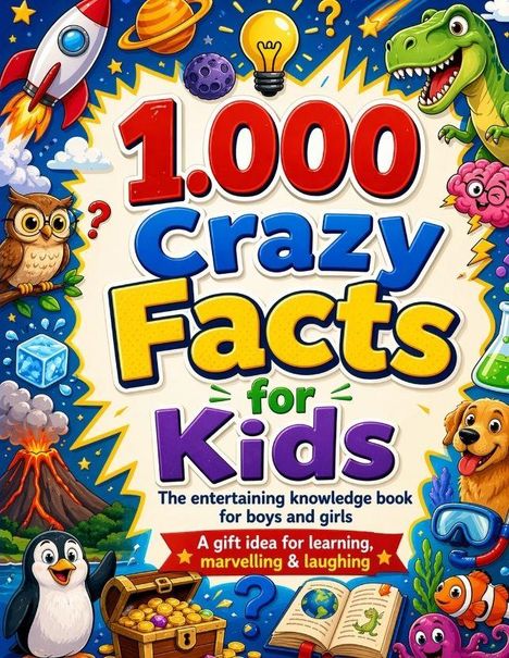 „1.000 Crazy Facts for Kids“. Illustration mit Rakete, Eule, Vulkan, Planet, Glühbirne, T-Rex, Hund und Pinguin.
