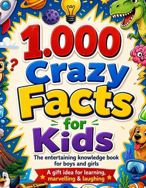 „1.000 Crazy Facts for Kids“ steht im Zentrum. Bunte Illustrationen von Tieren, Glühbirne und Planeten umgeben den Text.