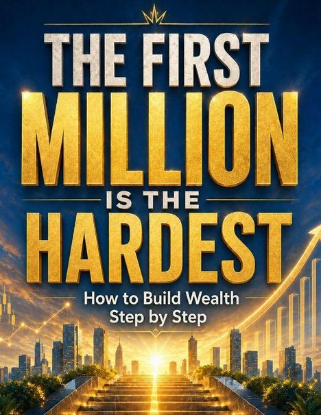 "The First Million is the Hardest. How to Build Wealth Step by Step." Goldene Schrift vor einer Skyline im Sonnenuntergang.