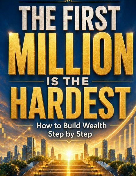 „THE FIRST MILLION IS THE HARDEST. How to Build Wealth Step by Step.” Im Hintergrund Sonnenaufgang über einer Stadt.