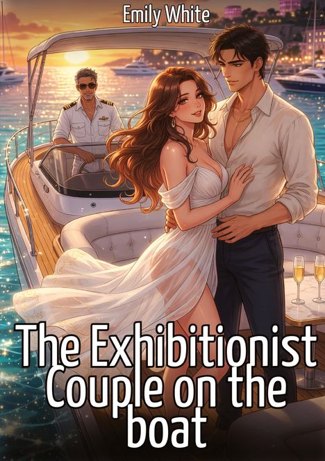 "Emily White. The Exhibitionist Couple on the Boat." Illustration. Ein Paar auf einer Yacht bei Sonnenuntergang, Kapitän am Steuer.