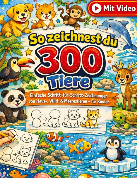 "So zeichnest du 300 Tiere. Einfache Schritt-für-Schritt-Zeichnungen von Haus-, Wild- & Meerestieren – für Kinder." Tiere umgeben den Text.