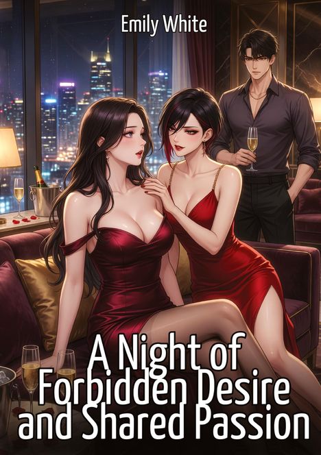 Romantischer Roman von Emily White, drei elegante Personen in Abendkleidung mit Champagner, Stadtsilhouette bei Nacht.