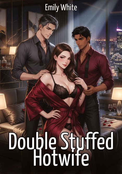 "Double Stuffed Hotwife" von Emily White. Illustration: Frau in rotem Gewand mit zwei Männern in glamouröser Umgebung.