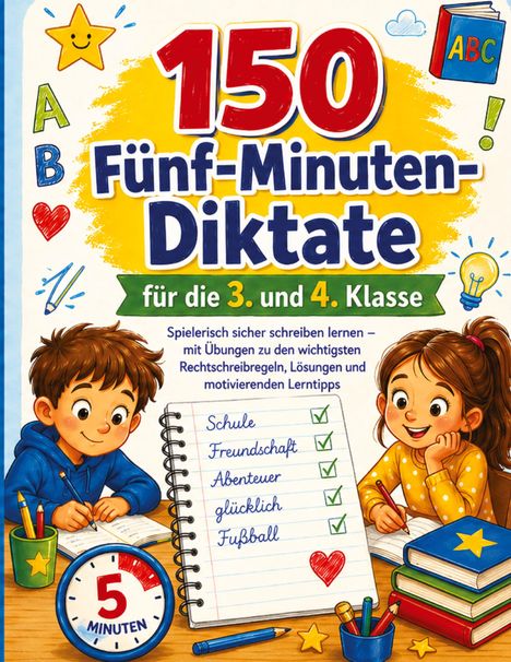 "150 Fünf-Minuten-Diktate für die 3. und 4. Klasse." Zwei Kinder sitzen und lernen, mit Notizbuch und Büchern.