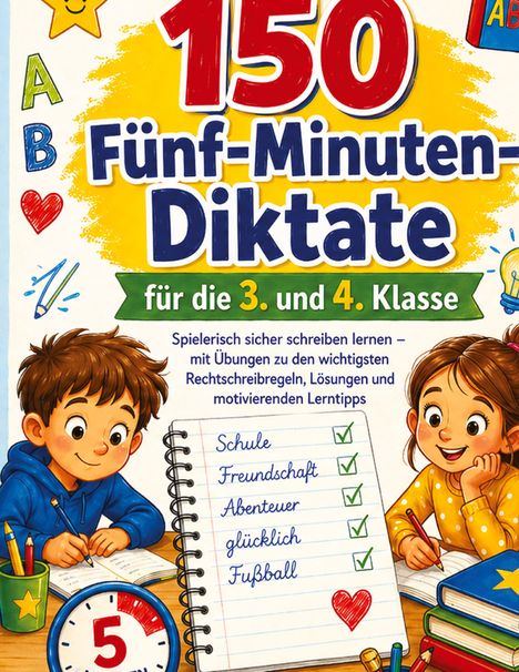 Titel: "150 Fünf-Minuten-Diktate für die 3. und 4. Klasse". Illustration: Kinder schreiben in ein Notizbuch mit Häkchen und Herzen.