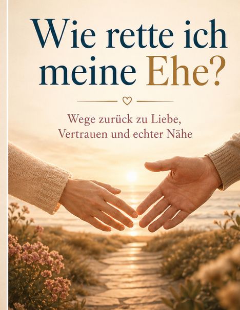 Text: „Wie rette ich meine Ehe? Wege zurück zu Liebe, Vertrauen und echter Nähe.“ Zwei Hände strecken sich einander entgegen, im Hintergrund ein Sonnenuntergang am Strand.