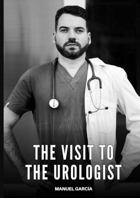 THE VISIT TO THE UROLOGIST. MANUEL GARCÍA. Ein Mann im Arztkittel mit Stethoskop, ernst schauend. Schwarz-Weiß-Foto.
