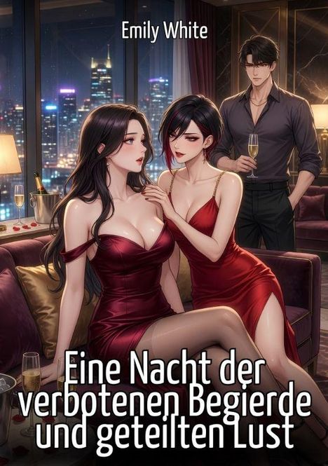 Text: "Emily White. Eine Nacht der verbotenen Begierde und geteilten Lust." Zwei Frauen in roten Kleidern, ein Mann im Anzug, stilvolle Umgebung.