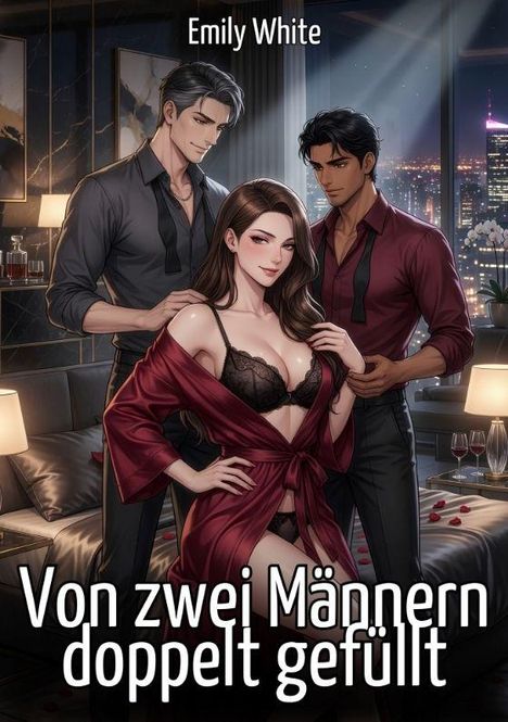 "Von zwei Männern doppelt gefüllt" oben: "Emily White". Illustration: Eine Frau in Unterwäsche, zwei Männer an ihrer Seite.