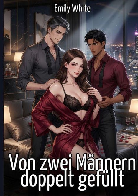 "Emily White. Von zwei Männern doppelt gefüllt." Illustration: Eine Frau in Unterwäsche mit zwei Männern in einem luxuriösen Raum.
