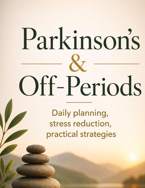 "Parkinson's & Off-Periods: Daily planning, stress reduction, practical strategies." Im Hintergrund Sonnenuntergang.