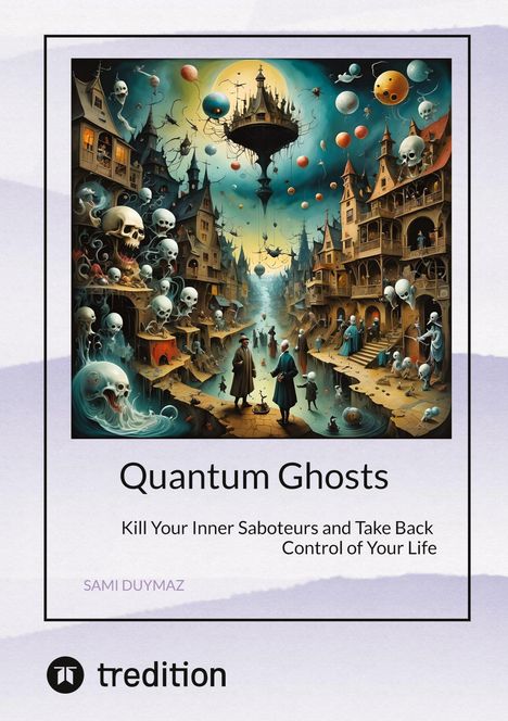 „Quantum Ghosts“: Ein surreales Bild mit schwebenden Häusern und Geistern in einer fantastischen Stadtlandschaft.