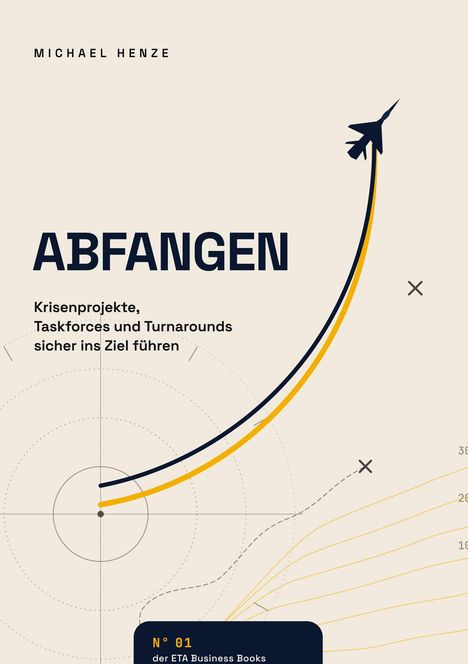 "ABFANGEN: Krisenprojekte sicher ins Ziel führen" zeigt ein Flugzeug, das einer gelben Linie folgt.
