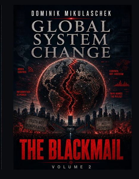 Buchcover: "Global System Change: The Blackmail, Volume 2" von Dominik Mikulaschek. Motiv: Stadt, roter Planet.