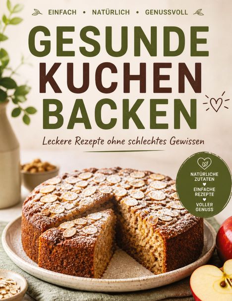 "GESUNDE KUCHEN BACKEN. Leckere Rezepte ohne schlechtes Gewissen." Ein Apfelkuchen mit Haferflocken auf einem Teller.