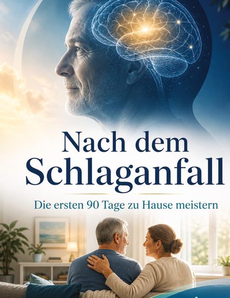 "Nach dem Schlaganfall: Die ersten 90 Tage zu Hause meistern." Oben Profilsicht eines Mannes mit Gehirnillustration. Unten sitzt ein älteres Paar auf einem Sofa in einem gemütlichen Raum.