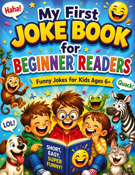 "Mein erstes Witzbuch für Leseanfänger" steht in großen, bunten Buchstaben. Lachende Kinder umgeben von Tieren.
