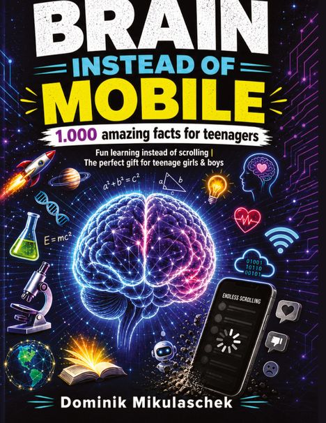 "BRAIN INSTEAD OF MOBILE" steht in großen Buchstaben. Illustrationen von Gehirn, Smartphone, Rakete, DNA und Buch.