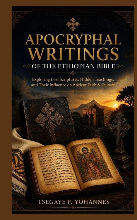 "Apocryphal Writings of the Ethiopian Bible" - Buchcover mit alten Schriftstücken und einem historischen Gebäude im Hintergrund.