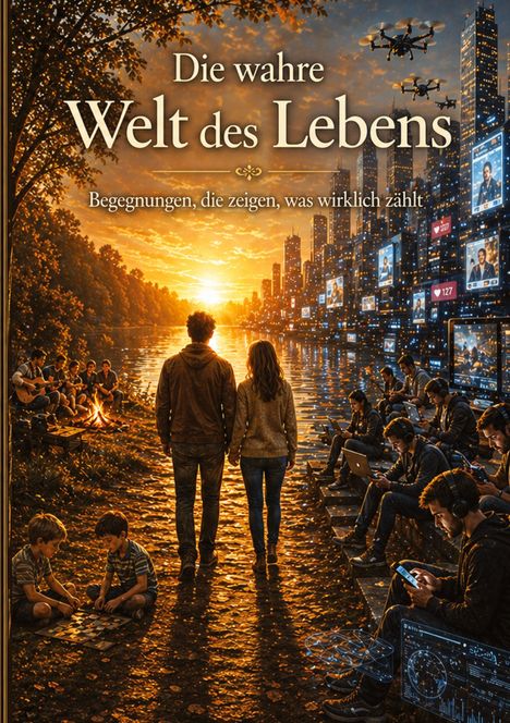 „Die wahre Welt des Lebens. Begegnungen, die zeigen, was wirklich zählt.“ Zwei Menschen halten sich an einem Fluss die Hände. Links ein Lagerfeuer mit Gruppen, rechts technologische Stadt.