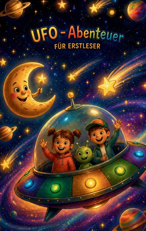 „UFO-Abenteuer für Erstleser“. Zwei Kinder und ein Alien im UFO, fröhlicher Mond im Weltraum mit Planeten und Sternen.
