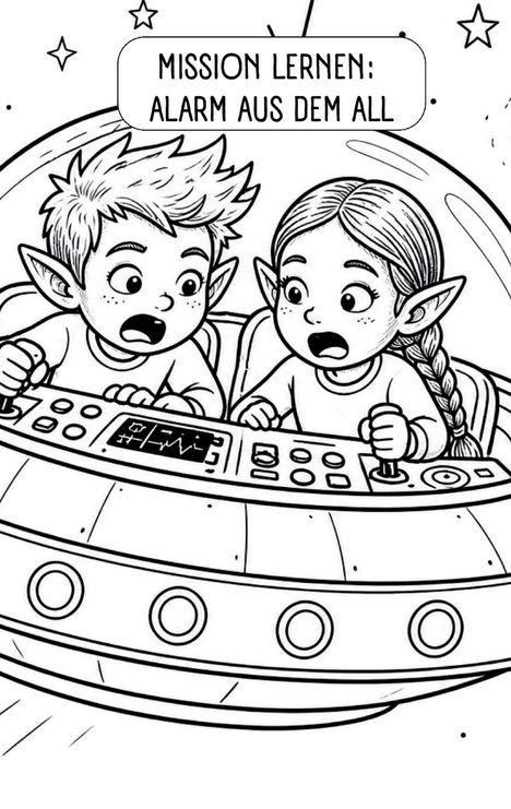 Text: „MISSION LERNEN: ALARM AUS DEM ALL.“ Zwei Comicfiguren mit spitzen Ohren steuern ein UFO.