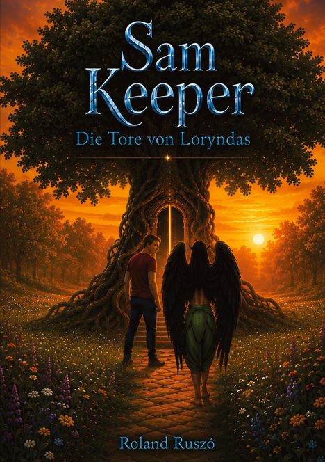 Buchtitel: "Sam Keeper: Die Tore von Loryndas" von Roland Ruszó. Zwei Figuren vor einem riesigen, mystischen Baum mit Tür.