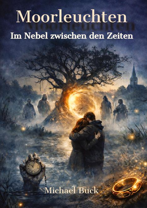 Text: "Moorleuchten: Im Nebel zwischen den Zeiten, Michael Buck." Eine magische Szene mit Paar vor leuchtendem Baum im Nebel.