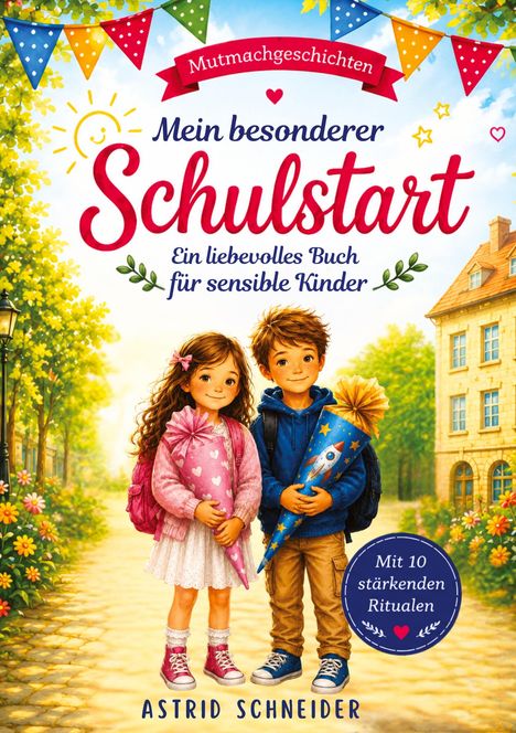 „Mein besonderer Schulstart“ steht in großen Buchstaben auf einem bunten Kinderbuchcover mit einem Mädchen und Jungen.
