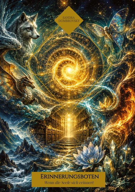 Ein mystisches Cover mit Wolf, Drache, Schmetterling und leuchtender Spirale. Text: "Sandra Dombrovsky, Erinnerungsboten".