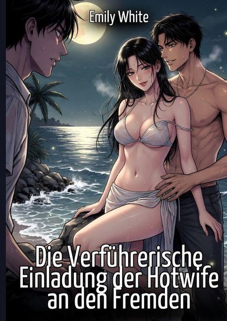 Eine Frau im Bikini zwischen zwei Männern am Strand bei Mondschein. Palme im Hintergrund.
