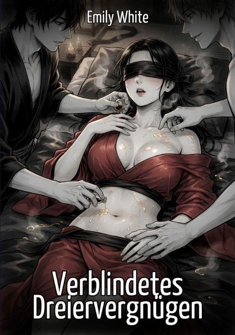 "Verblindetes Dreiervergnügen", Emily White. Eine Frau mit Augenbinde liegt umgeben von zwei Personen. Erotische Szene.
