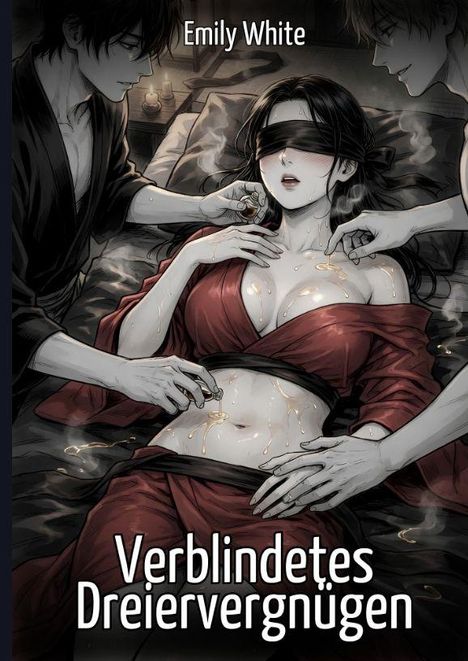 Titel: "Verblindetes Dreiervergnügen". Autor: Emily White. Illustration von drei Menschen, Frau mit verbundenen Augen in rotem Gewand.