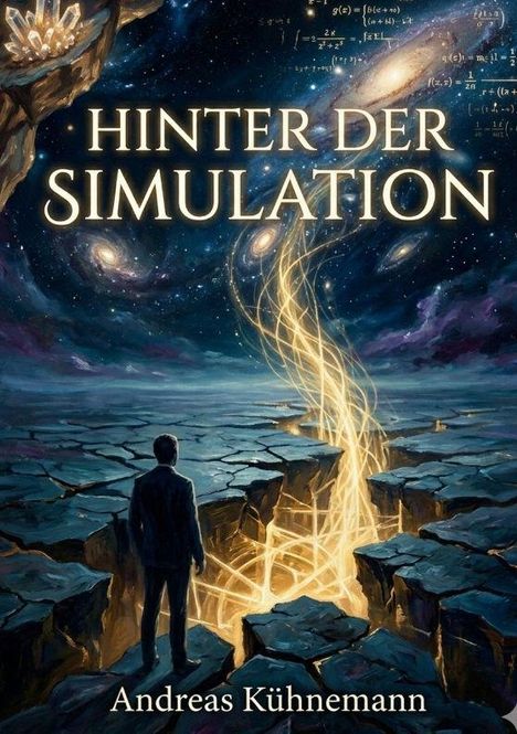 Texte: "HINTER DER SIMULATION" und "Andreas Kühnemann". Eine Person steht auf einer zerrissenen Erdoberfläche mit Lichtströmen.
