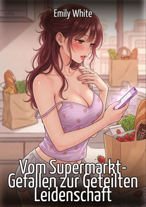 "Vom Supermarkt-Gefallen zur Geteilten Leidenschaft" von Emily White. Frau mit Smartphone in Küche, einkaufen. Illustration.