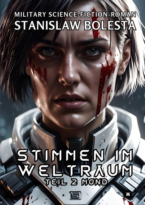 "Military Science-Fiction-Roman, Stanislaw Bolesta, Stimmen im Weltraum, Teil 2 Mond." Eine Person mit futuristischer Rüstung, blutverschmiert.