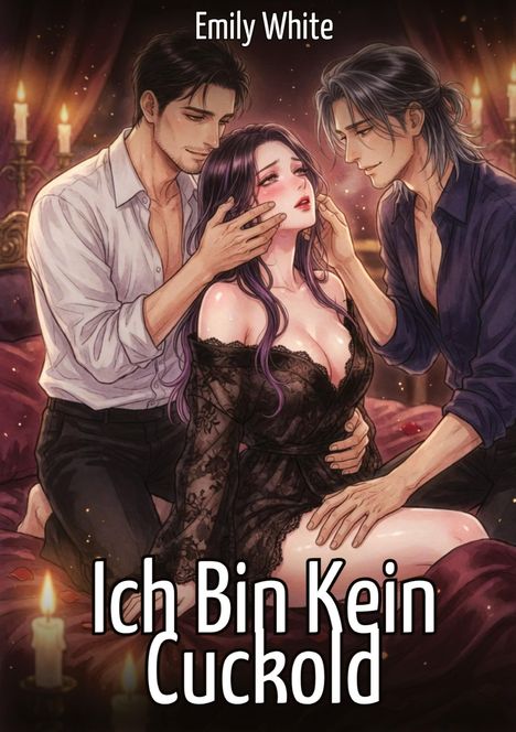 "Emily White" und "Ich Bin Kein Cuckold". Illustration: Zwei Männer und eine Frau in inniger Szene auf einem Bett.