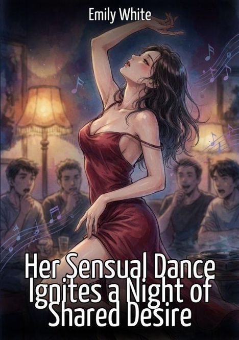 Text: „Emily White. Her Sensual Dance Ignites a Night of Shared Desire.“ Illustration: Frau in rotem Kleid tanzt sinnlich.