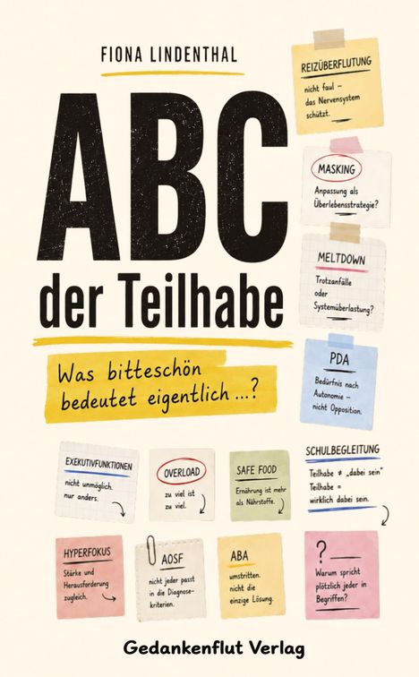 Text: "ABC der Teilhabe", "Reizüberflutung", "Masking", "Meltdown", "PDA", "Gedankenflut Verlag". Illustration mit Notizzetteln.