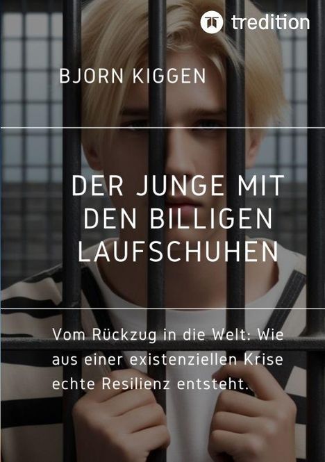 Text: "Bjorne Kiggen. Der Junge mit den billigen Laufschuhen. Vom Rückzug in die Welt: Wie aus einer existenziellen Krise echte Resilienz entsteht." Ein Junge sieht durch Gefängnisstangen. Oben rechts ein Logo.