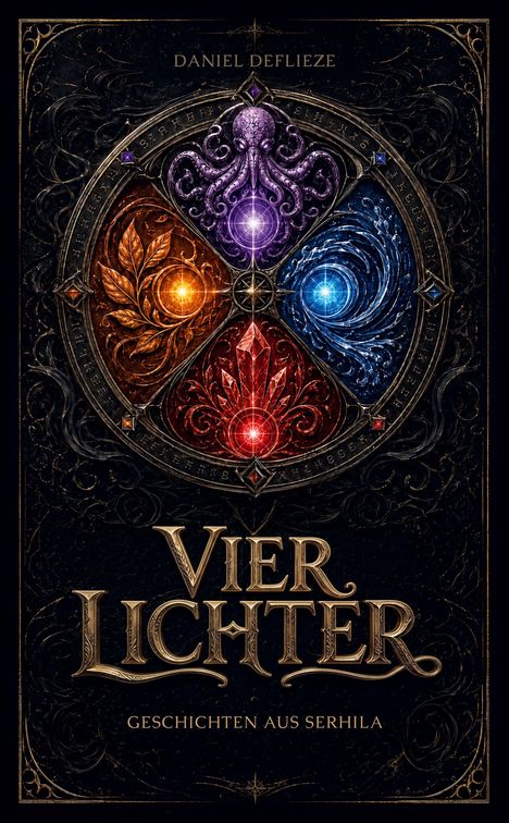 "Viergeordnetes Symbol aus Kristallen, Blätter und Strudel. Beleuchtet in Violett, Orange, Blau und Rot. Fantasievolle Gestaltung."