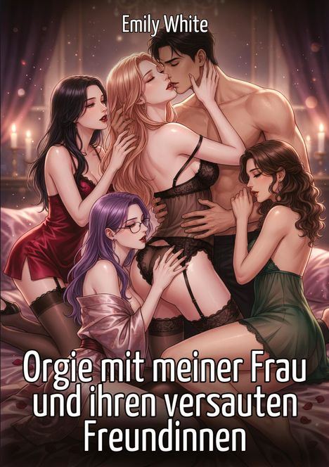 "Emily White: Orgie mit meiner Frau und ihren versauten Freundinnen." Eine Illustration mehrerer Personen in inniger Pose.