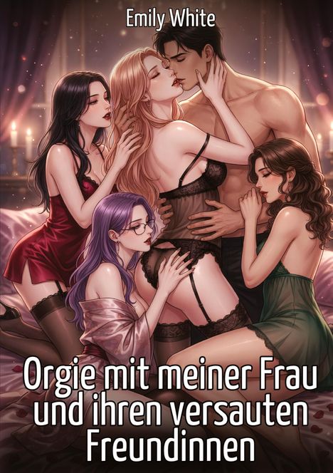 Logo: „Emily White. Orgie mit meiner Frau und ihren versauten Freundinnen.“ Illustration mit fünf leicht bekleideten Personen.