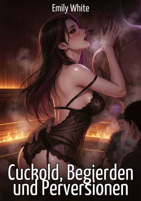 "Emily White. Cuckold, Begierden und Perversionen." Illustration eines Paares in einer Saunaszene mit sinnlicher Atmosphäre.
