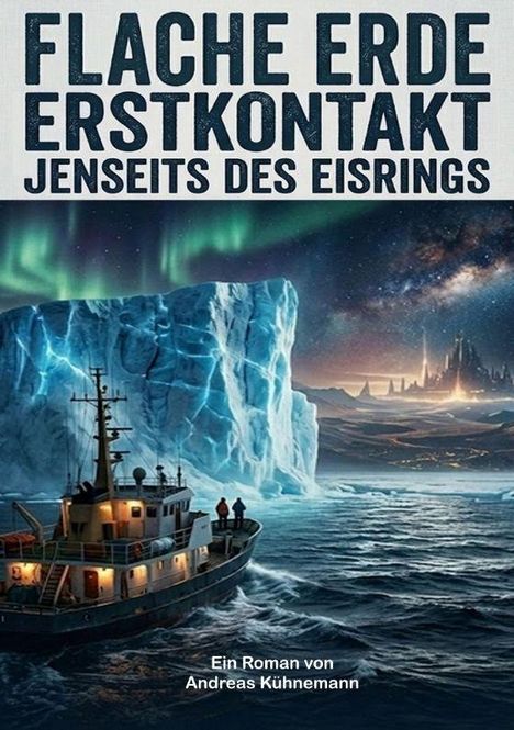 „Flache Erde Erstkontakt Jenseits des Eisrings“. Ein Schiff im Meer, daneben ein riesiger Eisberg, im Hintergrund Nordlichter.
