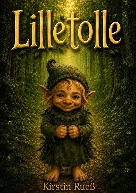 "Lilletolle" und "Kirstin Rueß" sind die Texte. Illustration: Ein fröhlicher kleiner Elf in grünem Gewand in einem Waldpfad.
